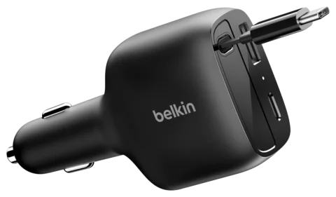 Belkin BoostCharge Retractable Car Charger 75W with Built-In USB-C Cable plus USB-C and USB-A Ports (CCC001)