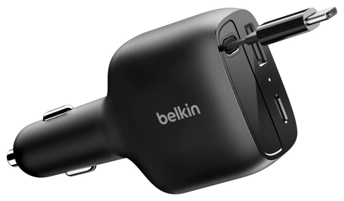 Belkin BoostCharge Retractable Car Charger 75W with Built-In USB-C Cable plus USB-C and USB-A Ports (CCC001)
