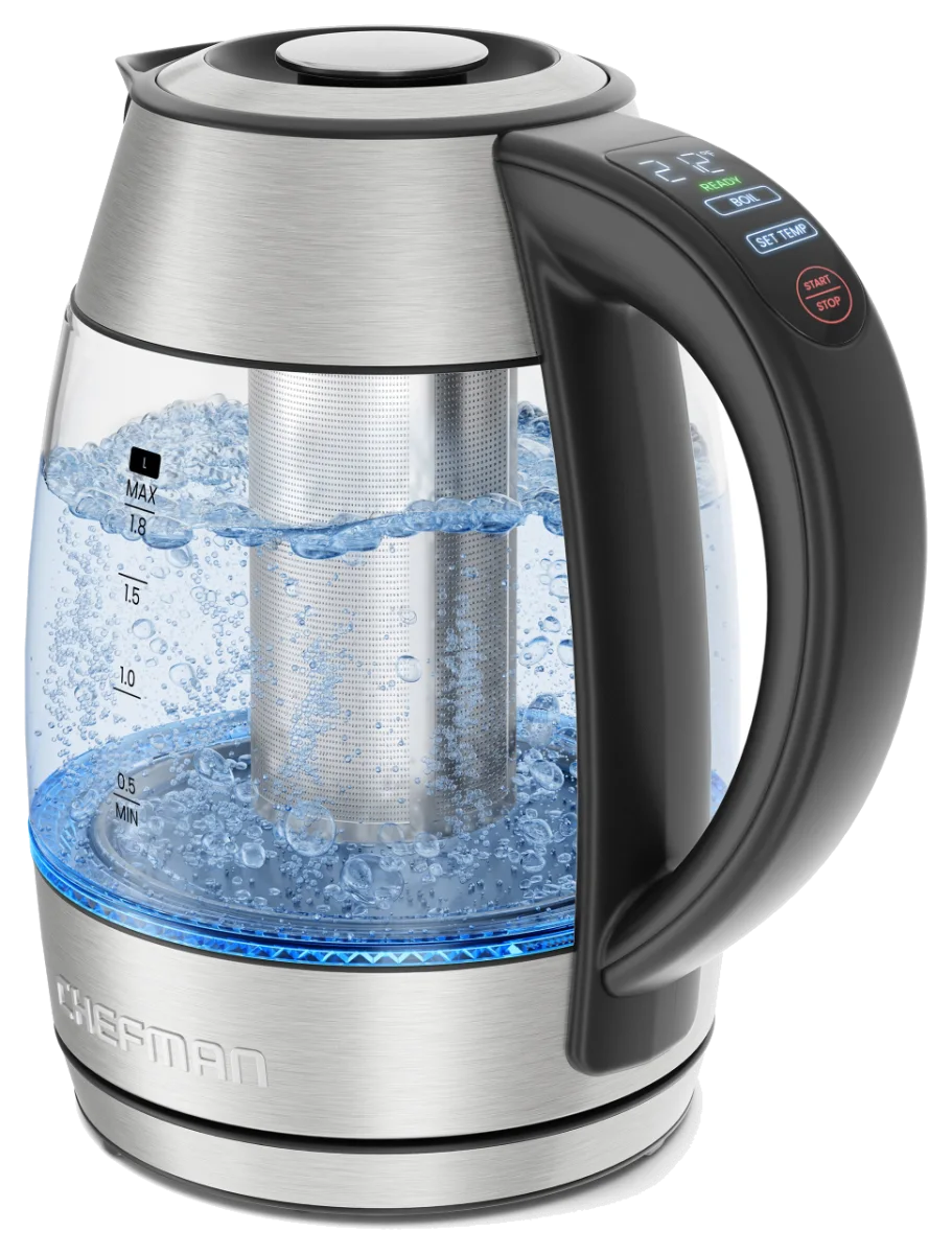 غلاية Chefman Custom-Temp الكهربائية الزجاجية بسعة 1.8 L مع مصفاة شاي وحفظ للسخونة (RJ11-18-CTI-V3)