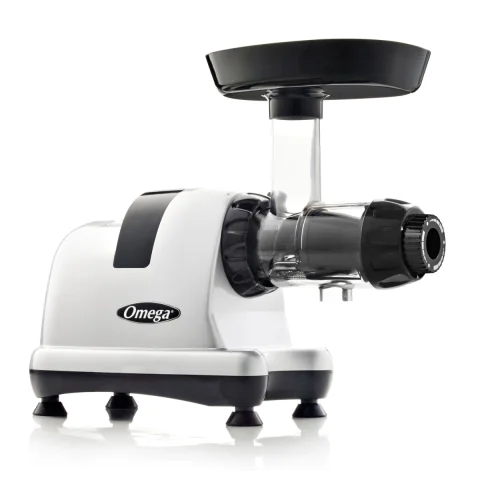 عصّارة Omega J8006HDS بالضغط البارد ونظام التغذية، عصّارة ماضغة بسرعة 80 RPM، فضية